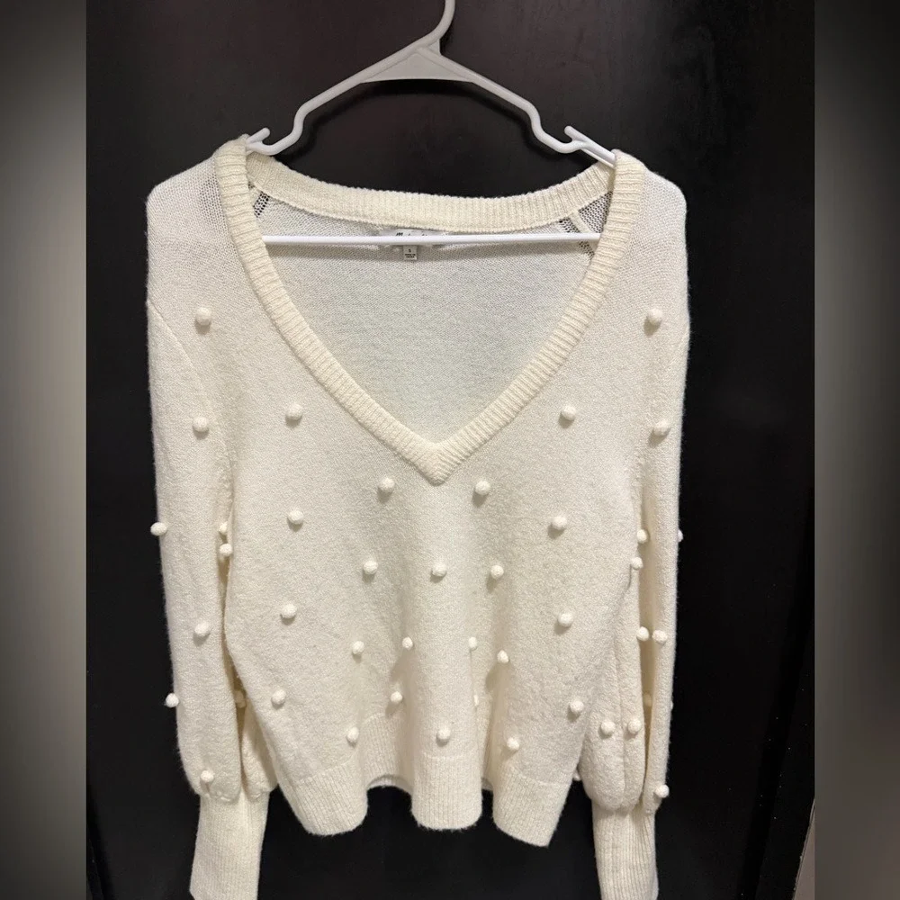 Madewell Bobble Dashwood V-Neck Sweater in Coziest Yarn Pom‎ Pom Details Small